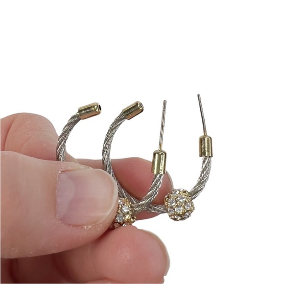 Silver & Gold Tone Twisted Cable Rhinestone Ball Pierced Hoops Earrings - Picture 7 of 8